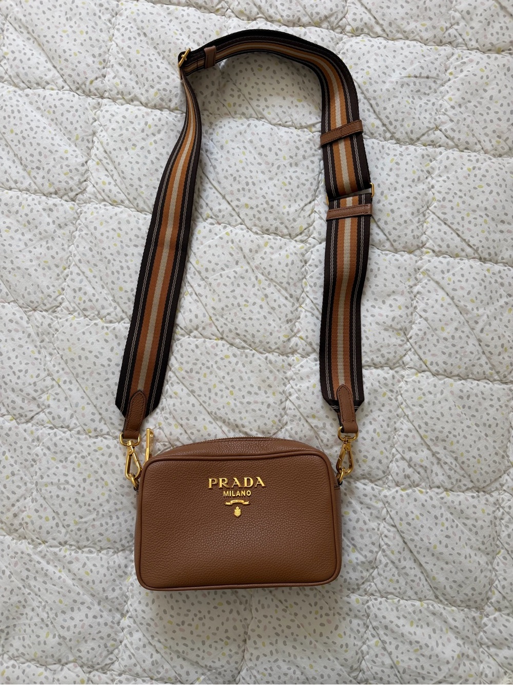 Prada Brown Pebbled Leather crossbody with Gold Hardware